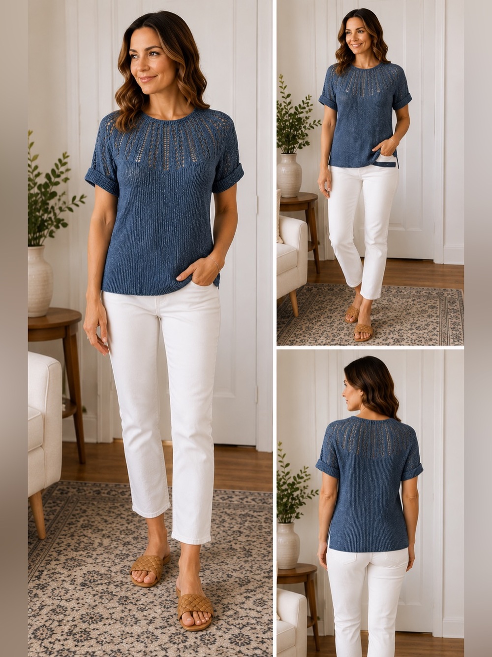 Lauren Ralph Lauren Linen Blend Open Knit Sweater Top Blue Size L Lightweight